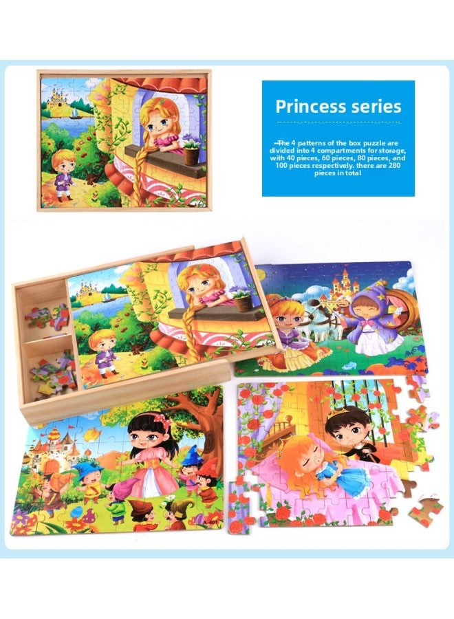 Wooden Cartoon 4 In 1 Wooden Boxed Puzzle Early Education Puzzle Children's Cartoon Characters Puzzle Toys Outlet-Color:Princess Money - Image 1